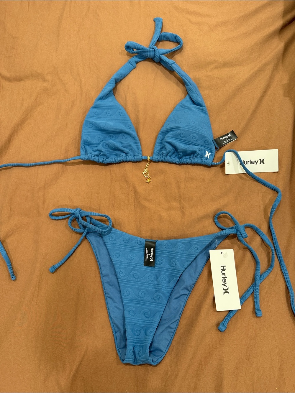 Hurley Blue Textured Halter Triangle Bikini Set